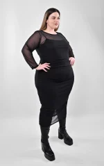 Plus Size Midi Μαύρο Φόρεμα με Σούρες & Τούλι | PsX Fashion