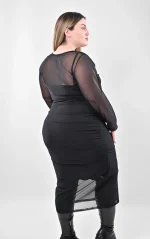 Midi Μαύρο Φόρεμα με Σούρες & Διάφανο Τούλι - Image 6