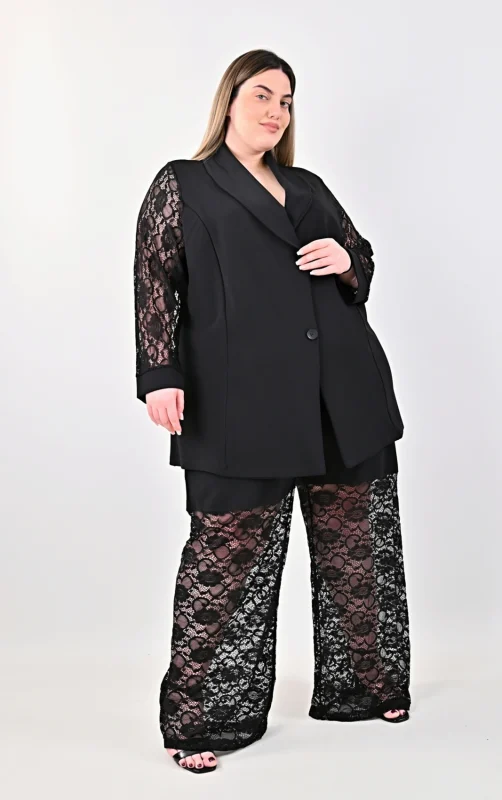 Plus Size Μαύρο Κοστούμι με Δαντέλα | PsX Fashion