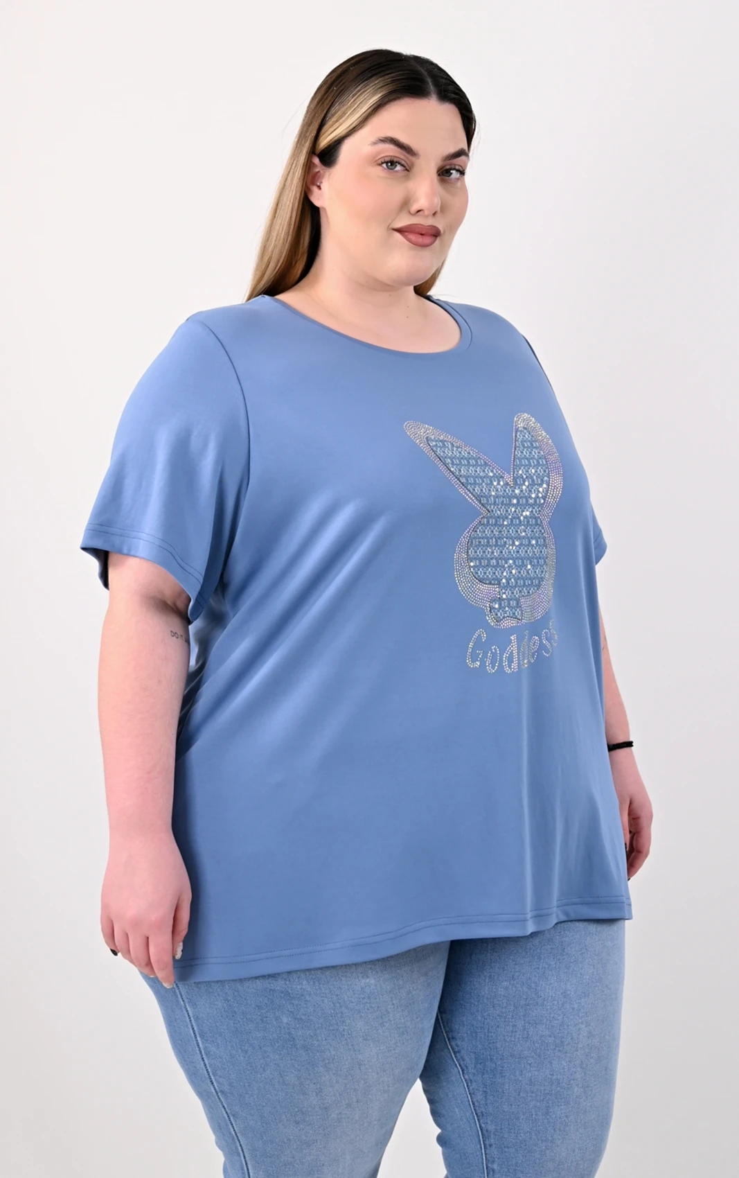 Plus Size Μπλε Κοντομάνικη Μπλούζα με Σχέδιο "Goddess" Plus Size Μπλε Κοντομάνικη Μπλούζα με Σχέδιο "Goddess"