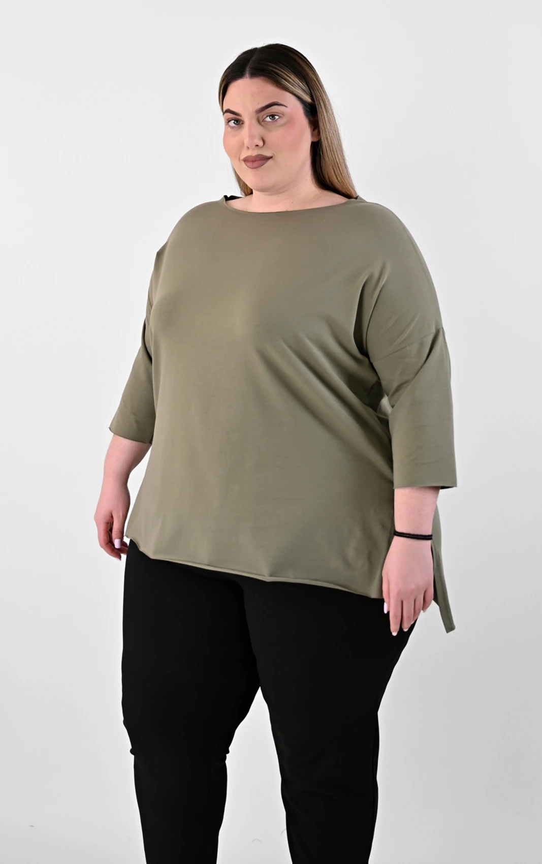 Plus Size Χακί Μπλούζα με Μανίκι 3/4 | PsX Fashion