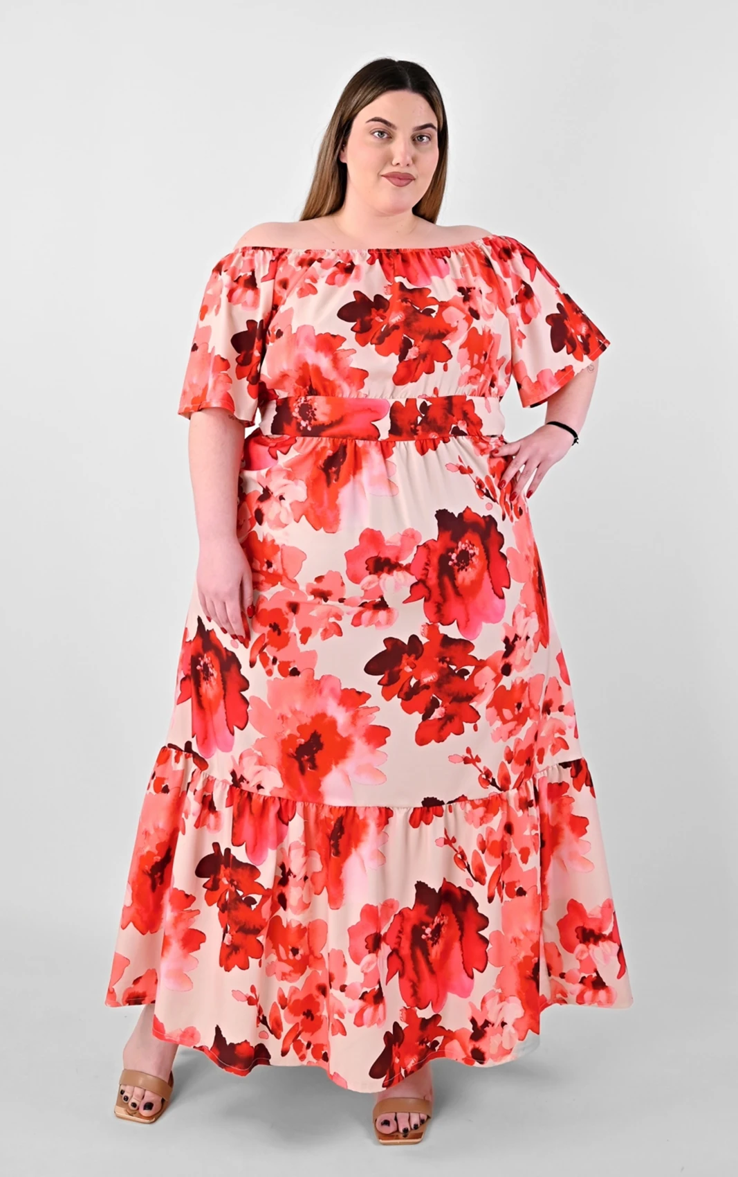 Plus Size Floral Maxi Φόρεμα Κοραλί | PsX Fashion