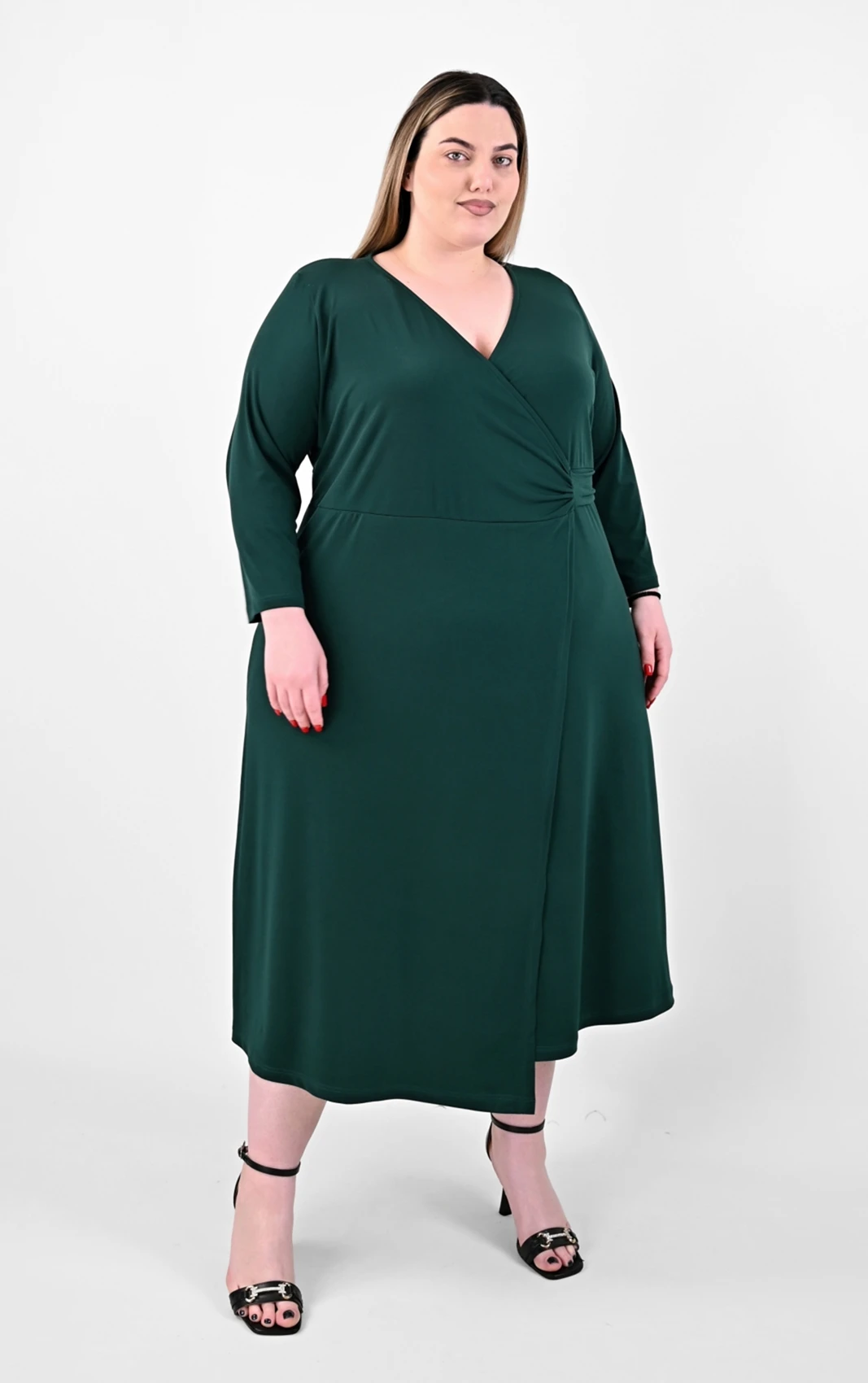 Plus Size Πράσινο Midi Φόρεμα Κρουαζέ με Ζώνη | PsX Fashion