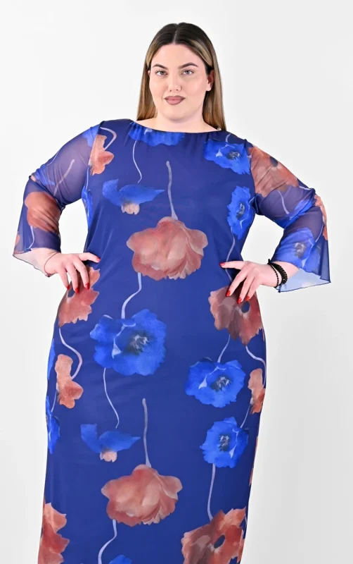 Plus size Φόρεμα Μπλε Floral Τούλινο | PsX Fashion