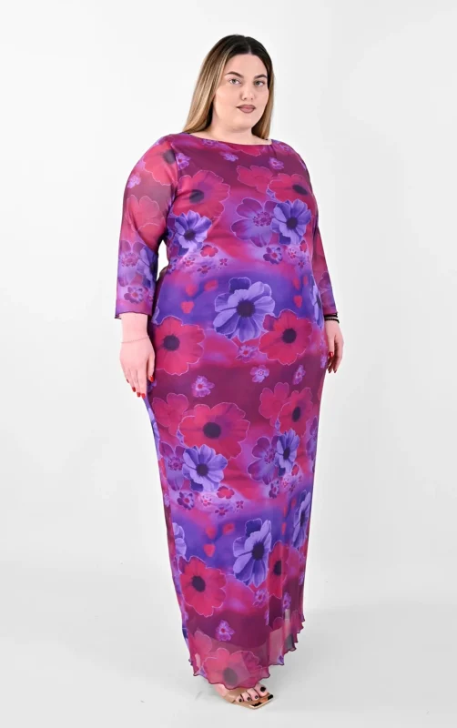 Plus size Φόρεμα Μωβ Floral Τούλινο | PsX Fashion