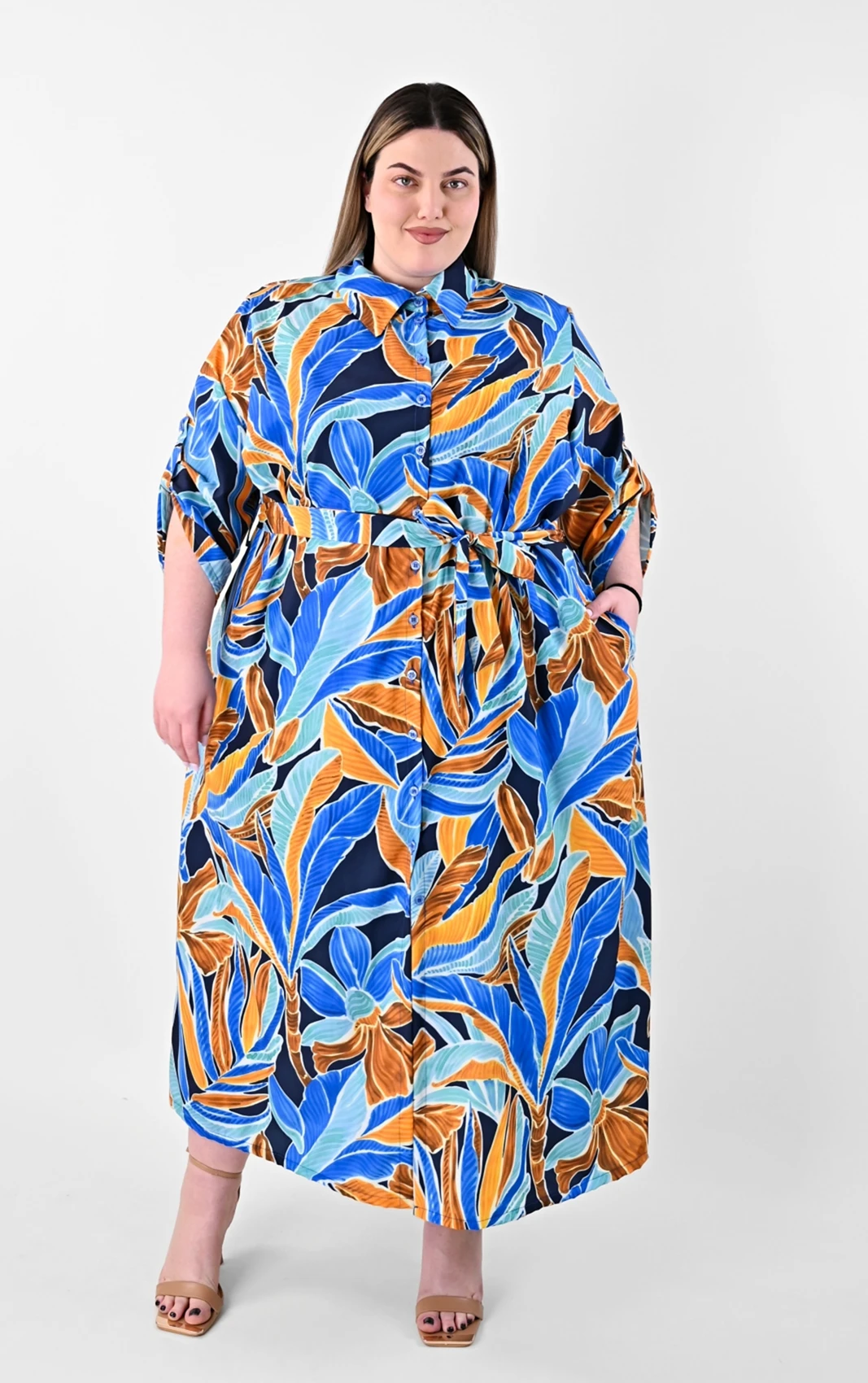 Plus size Πουκαμισοφόρεμα με Tropical Print & Ζώνη | Άνεση