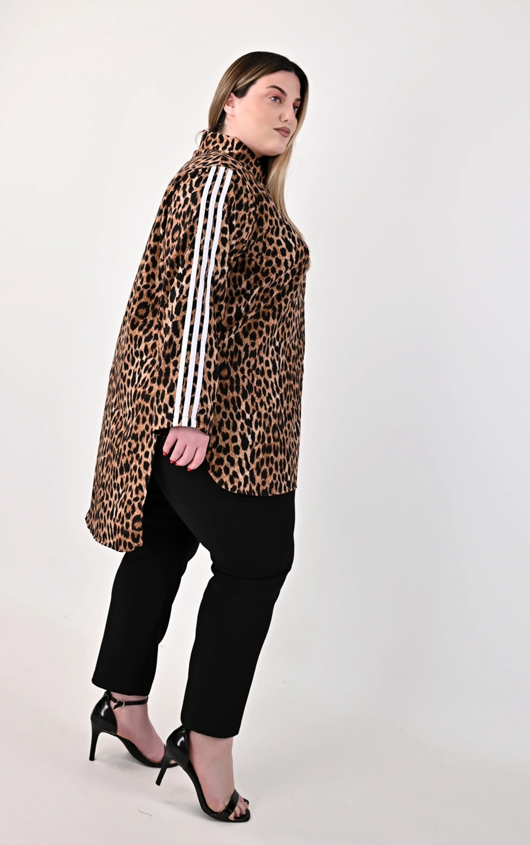 Plus Size Leopard Πουκαμίσα με Ρίγες | PsX Fashion