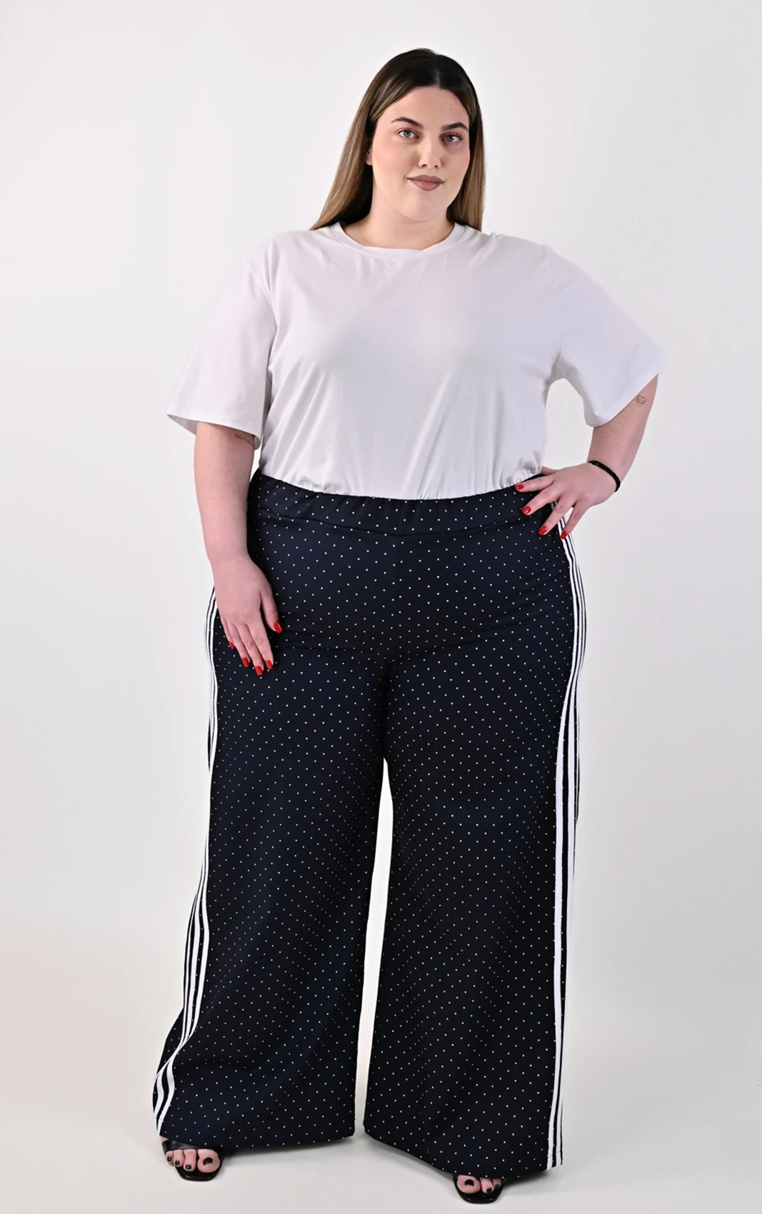 Plus Size Μπλε Ψηλόμεση Παντελόνα Πουά με Sporty Ρίγες